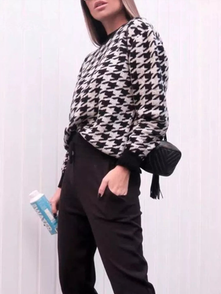 Houndstooth oversized crewneck knit sweater