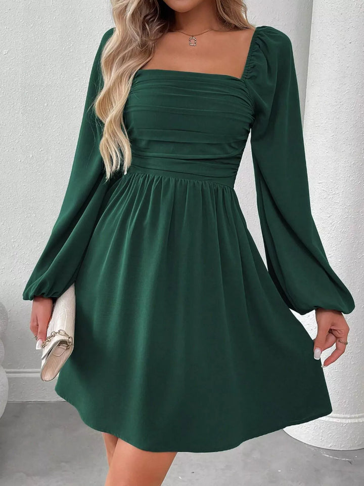 Dark Green Ruched square-neck balloon sleeve A-line mini dress