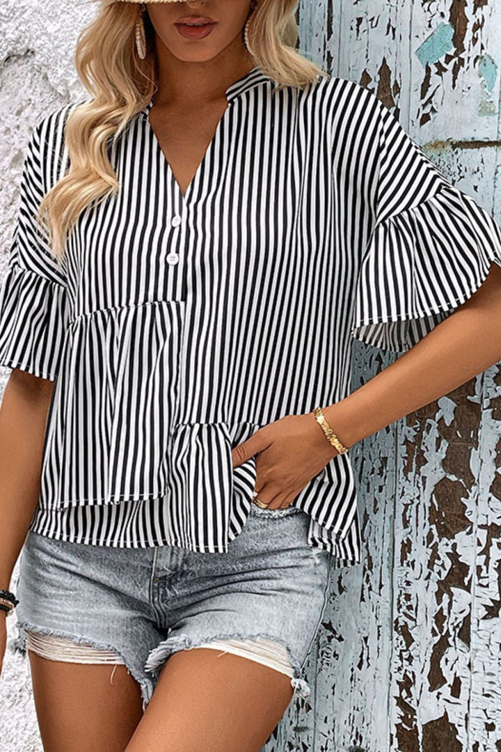 Striped flounce sleeve peplum blouse with notched neckline