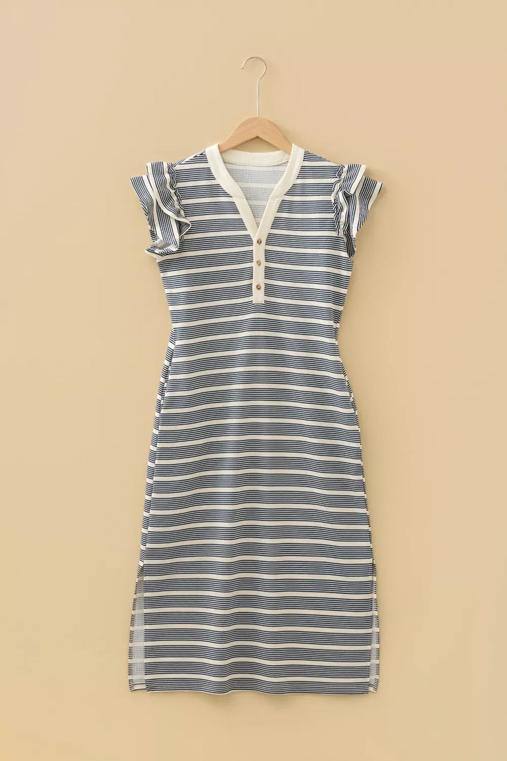 Striped notched neck midi dress with ruffle cap sleeves