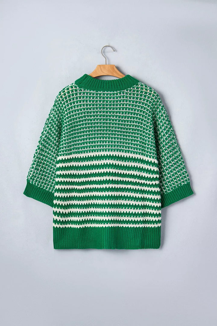 Striped textured knit sweater with drop shoulder sleeves