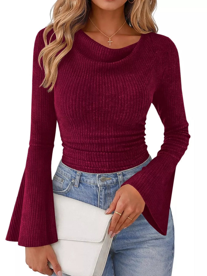 Purple Red Ribbed knit cowl neck top with flared bell sleeves