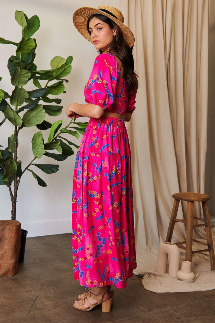 Floral smocked waistband ruffled maxi skirt with pockets