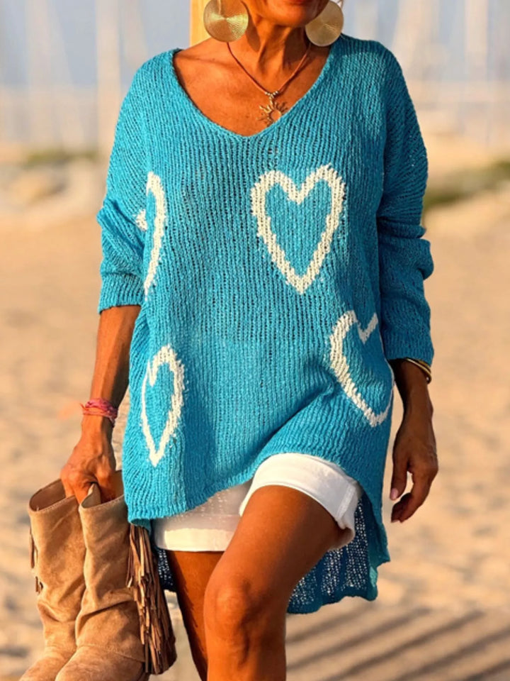 Heart motif V-neck dropped-shoulder knit sweater