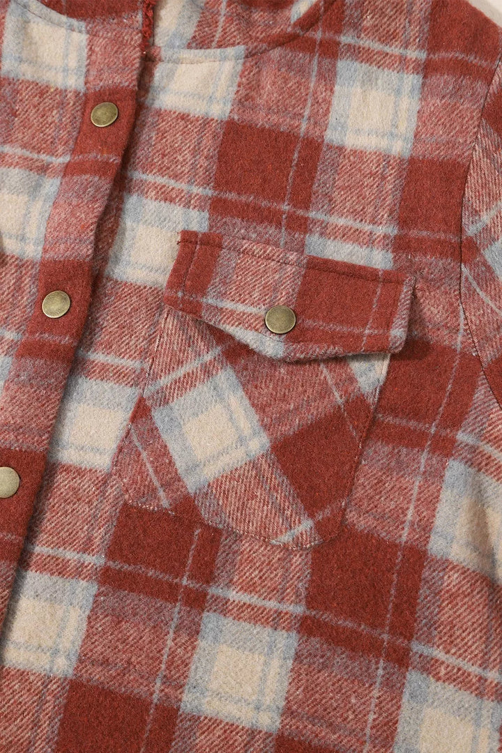 Sherpa-lined plaid hooded shacket with snap front