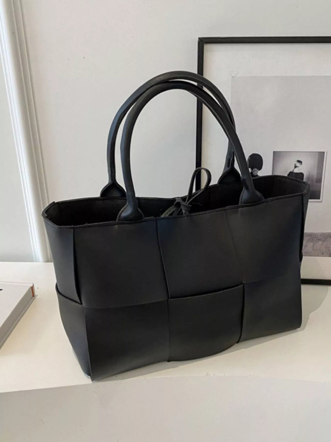 Woven faux leather tote bag with basketweave panels