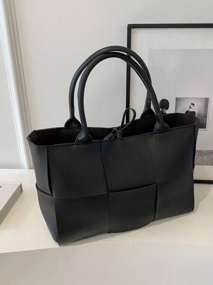 Woven faux leather tote bag with basketweave panels