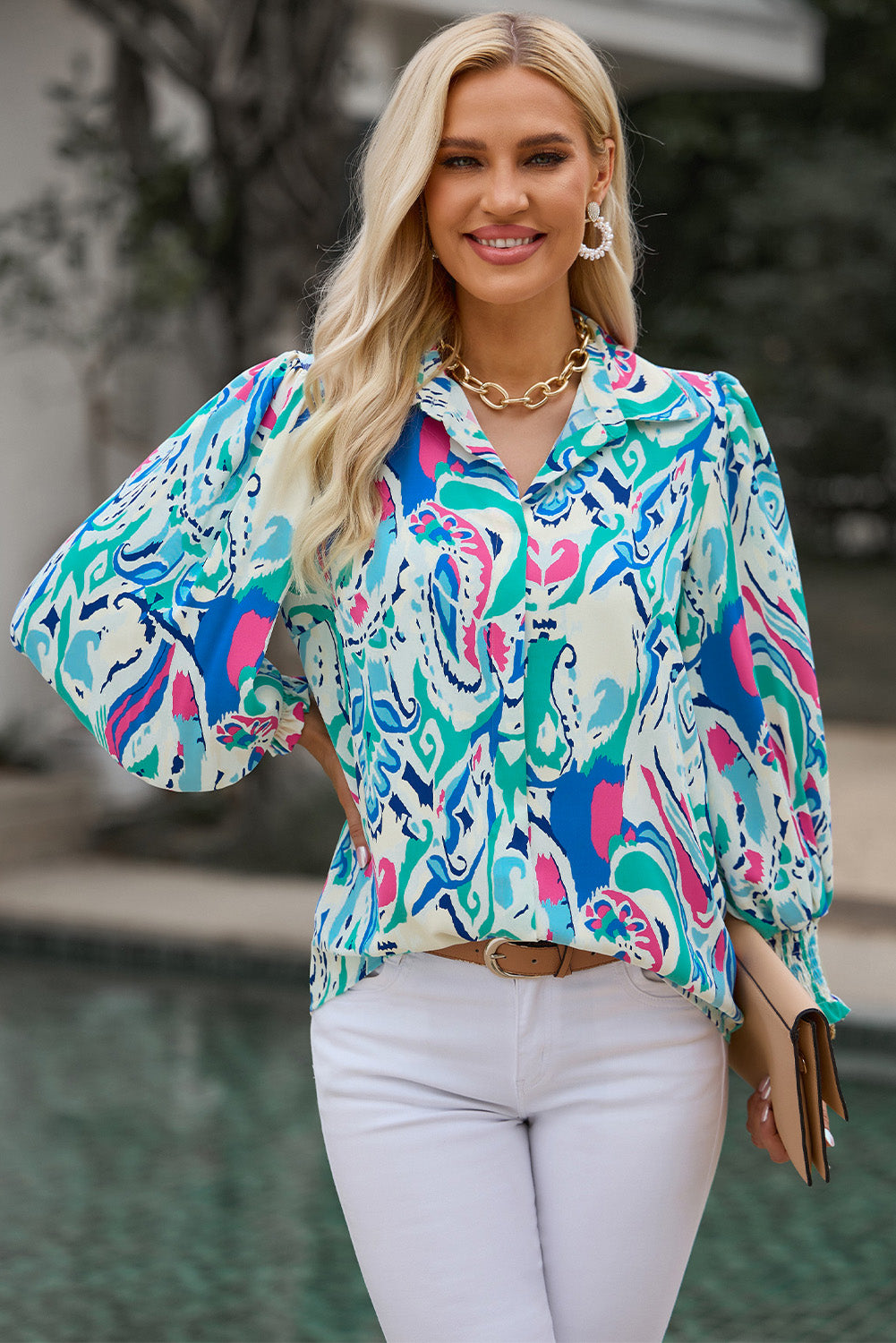 Abstract print lantern sleeve collared blouse