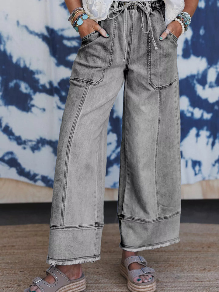 Gray Wide-leg drawstring jeans with raw frayed hem