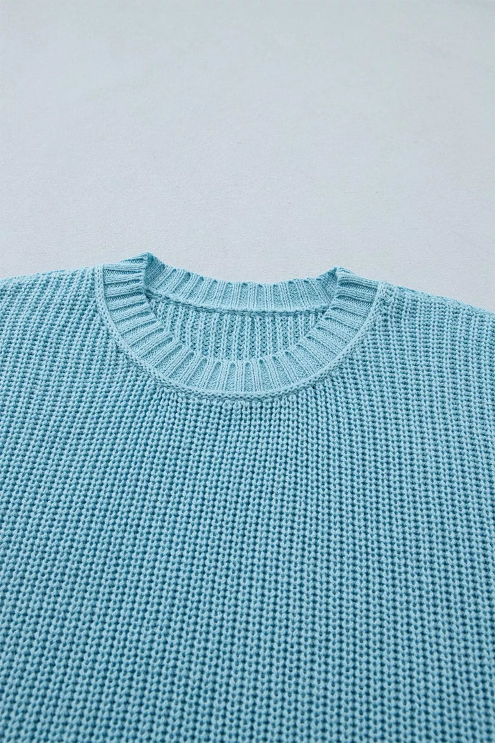 Boxy ribbed knit half-sleeve crew neck sweater