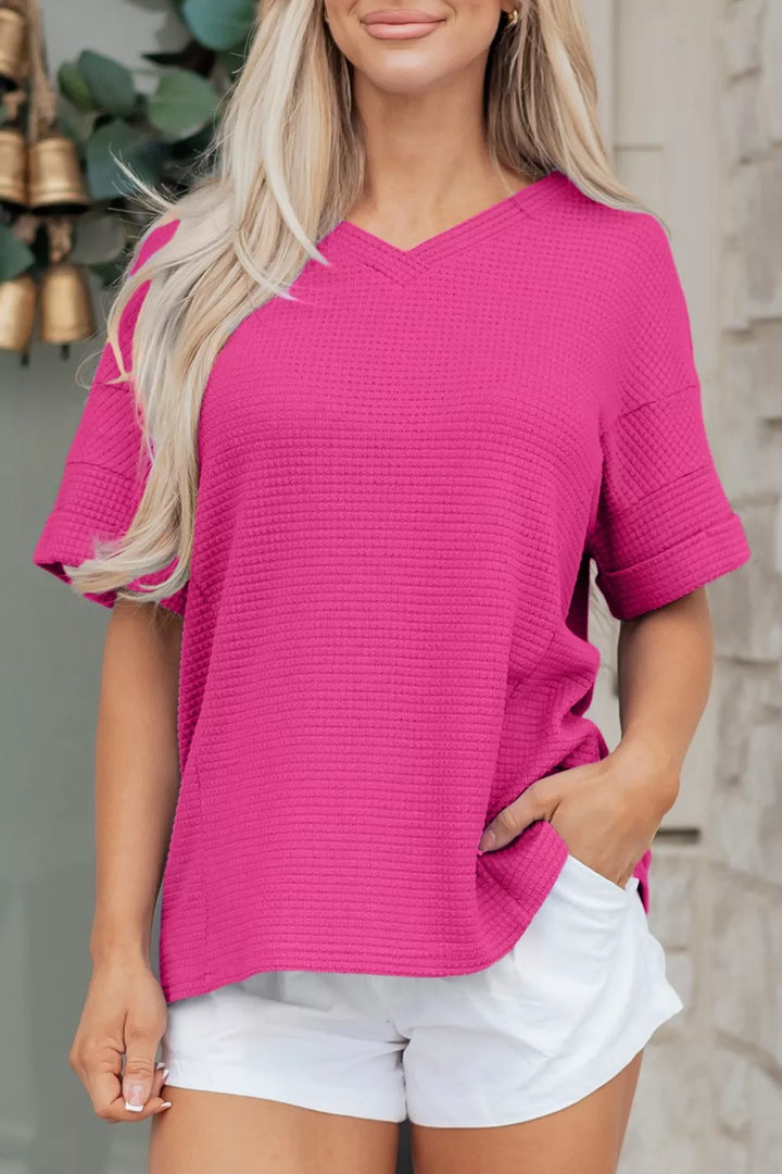 Hot Pink Waffle knit V-neck tee with cuffed short sleeves