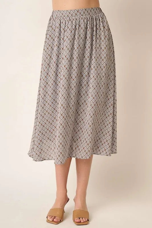 Taupe Geometric print A-line midi skirt with pockets