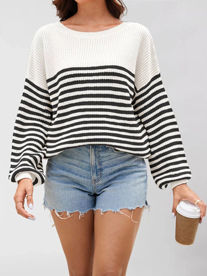 Black Striped ribbed knit drop shoulder pullover sweater