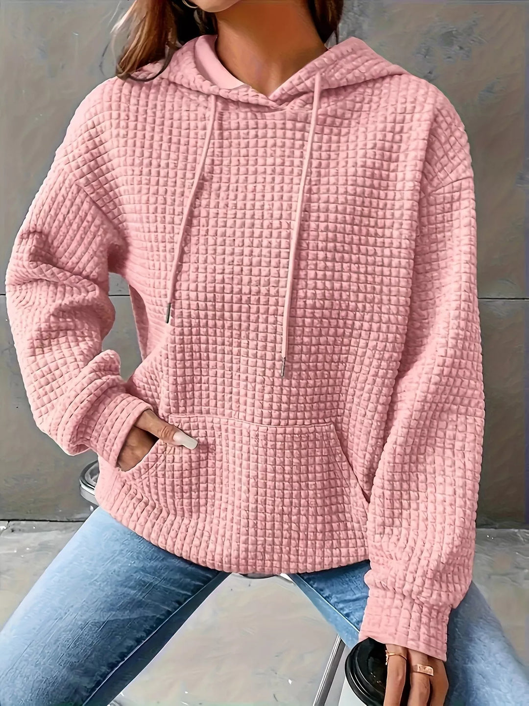 Textured waffle knit drawstring hoodie with kangaroo pocket