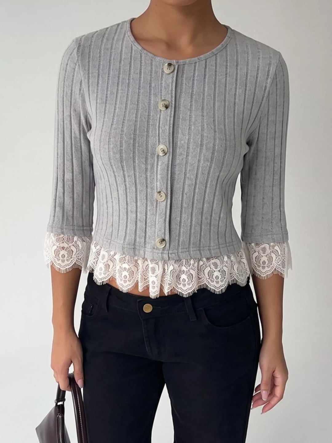 Gray Scalloped lace trim ribbed knit button-down top