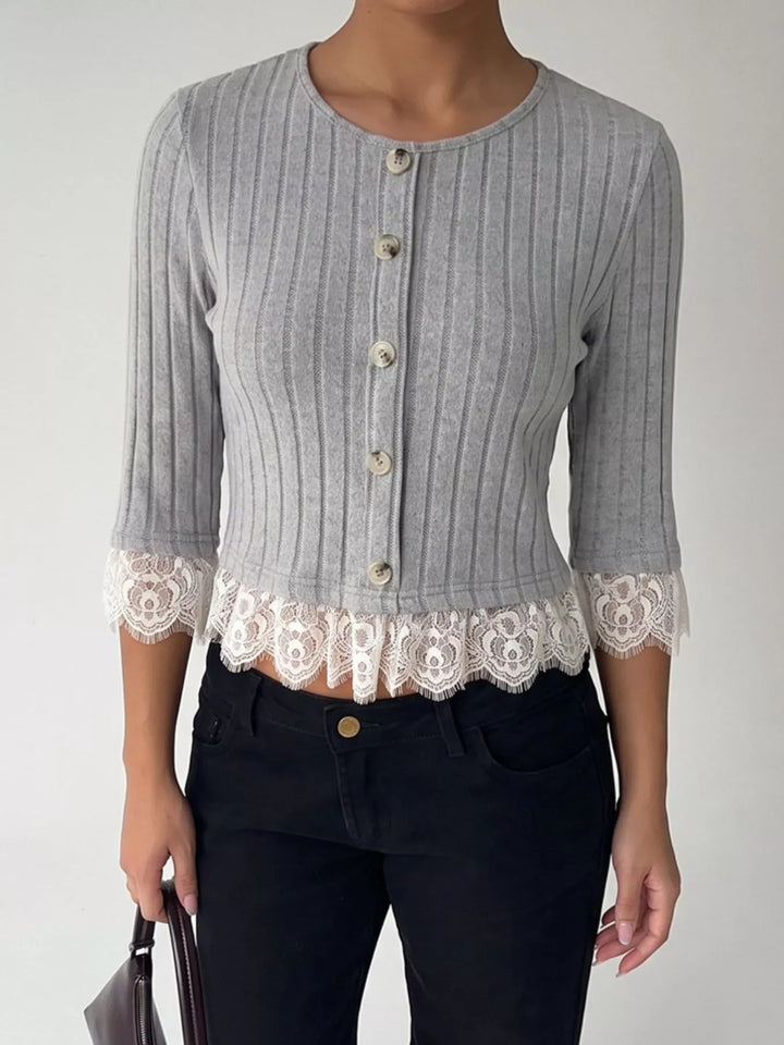 Gray Scalloped lace trim ribbed knit button-down top