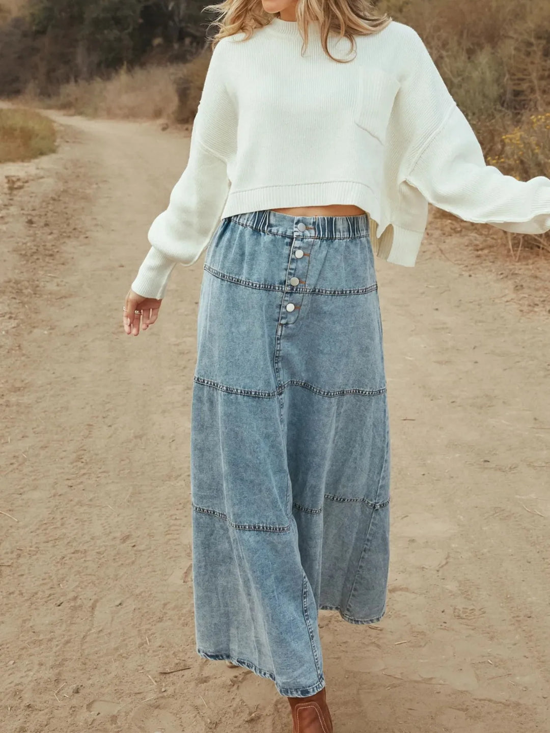 Tiered button-front washed denim maxi skirt