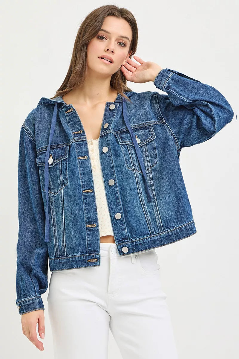 Hooded relaxed-fit denim jacket with drawstring