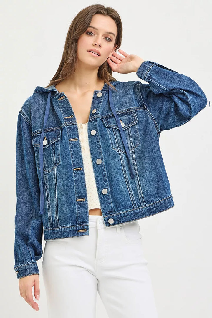 Hooded relaxed-fit denim jacket with drawstring