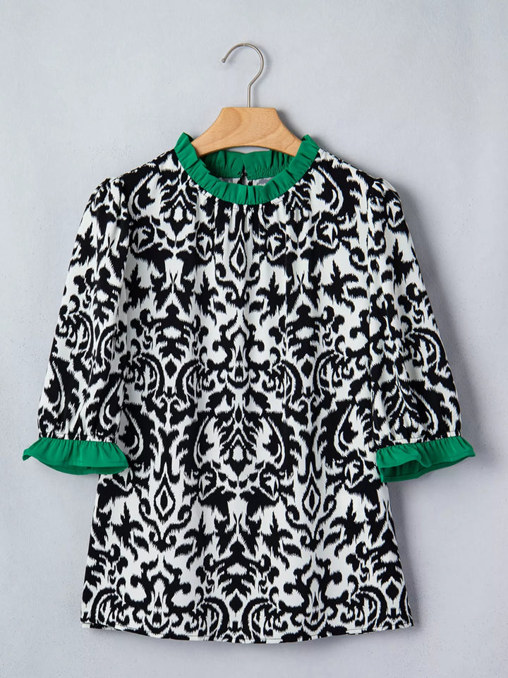 Ruffle contrast trim damask print puff sleeve blouse