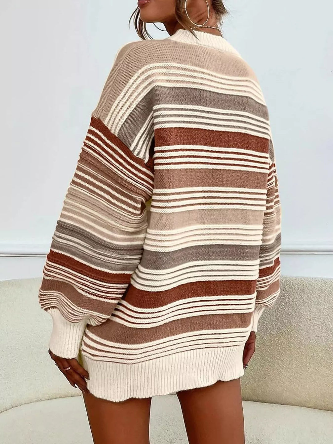 Striped mock neck relaxed knit pullover sweater