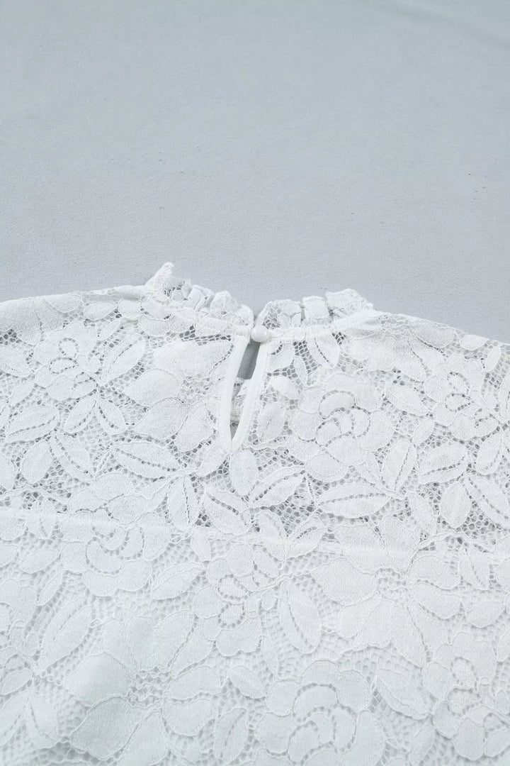 Sheer floral lace blouse with ruffle mock neck and flounce sleeves