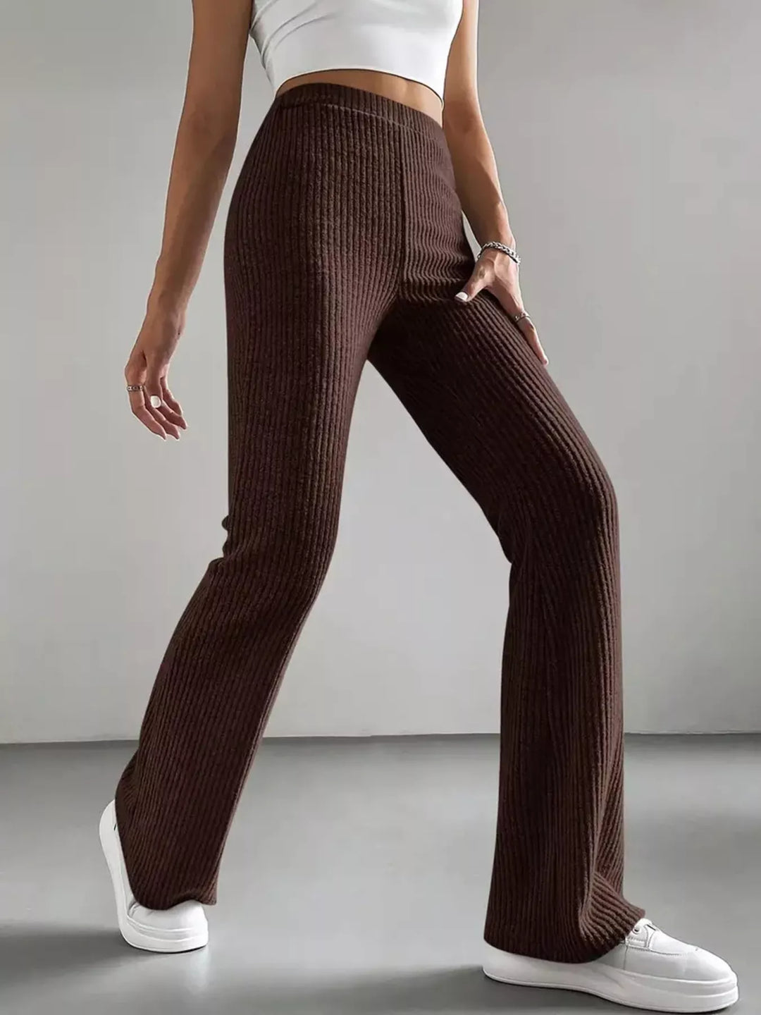 High-rise ribbed knit flare pants