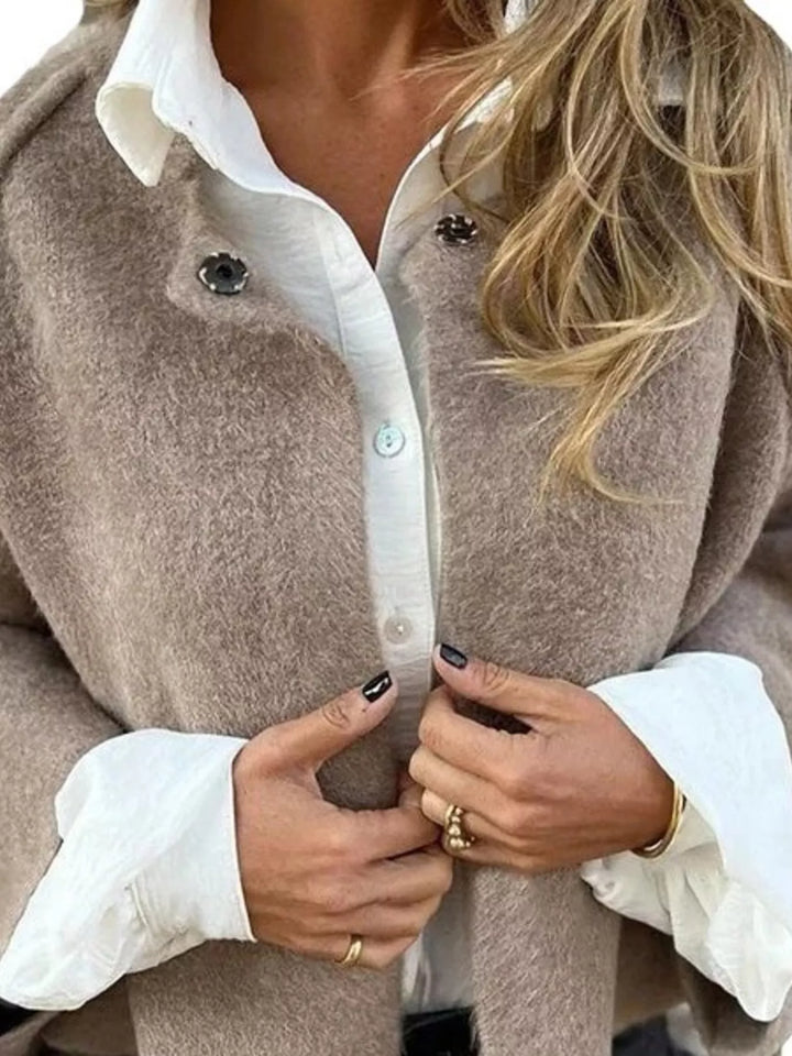 Dropped shoulder fuzzy knit button-front cardigan