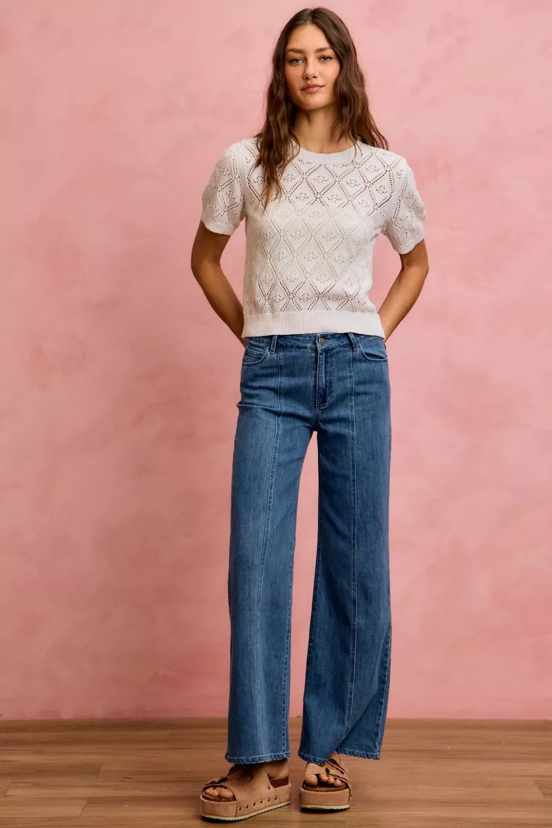 Mid-rise wide-leg jeans with front center seam