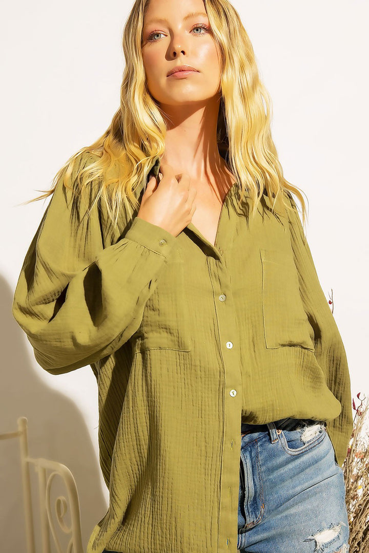 Marseille Textured Gauze Button Down Puff Sleeve Blouse