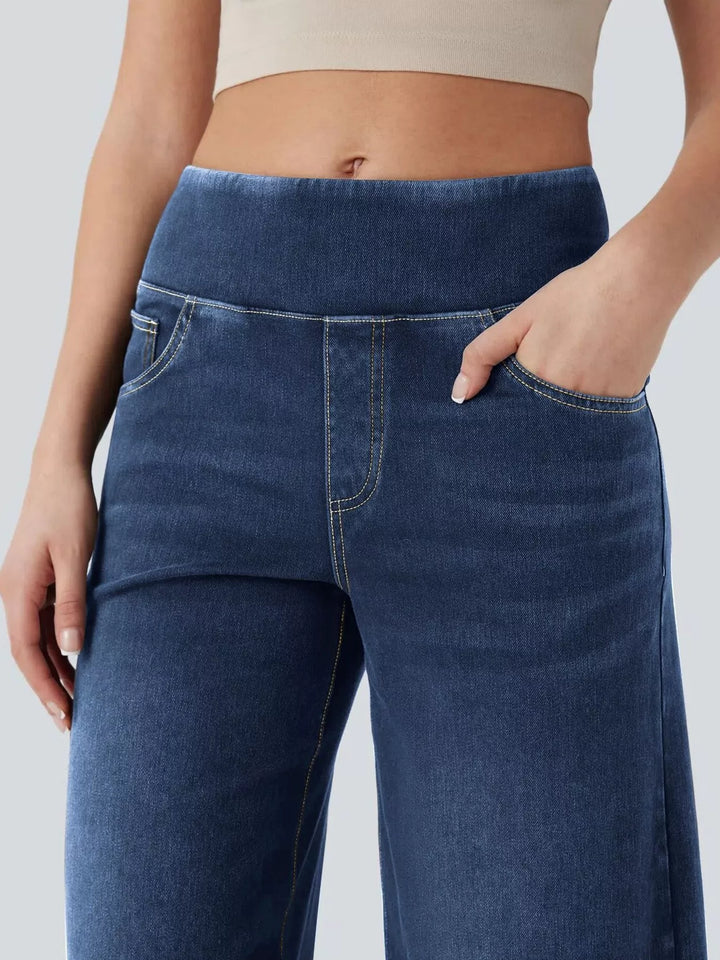 High-rise pull-on wide leg jeans with side pockets