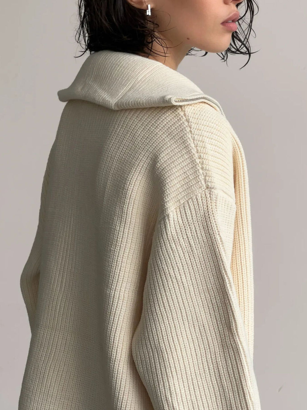 Zip-up ribbed knit cardigan with funnel neck and drop shoulders