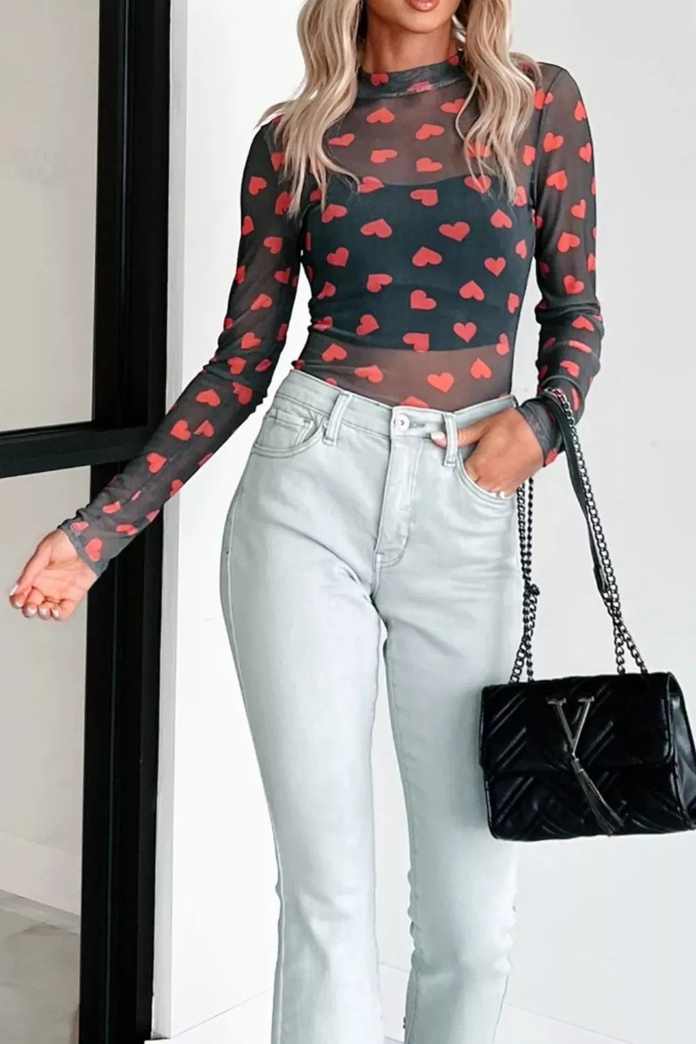 Heart print sheer mesh mock neck long sleeve crop top