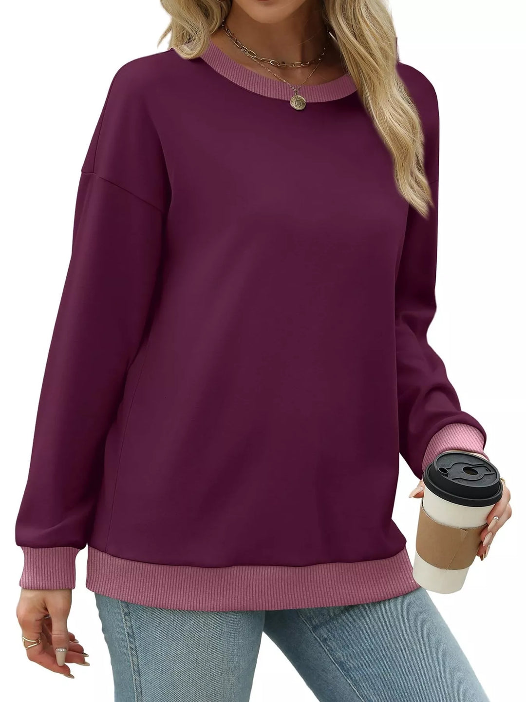Drop-shoulder crew neck sweatshirt with contrast ribbed trim