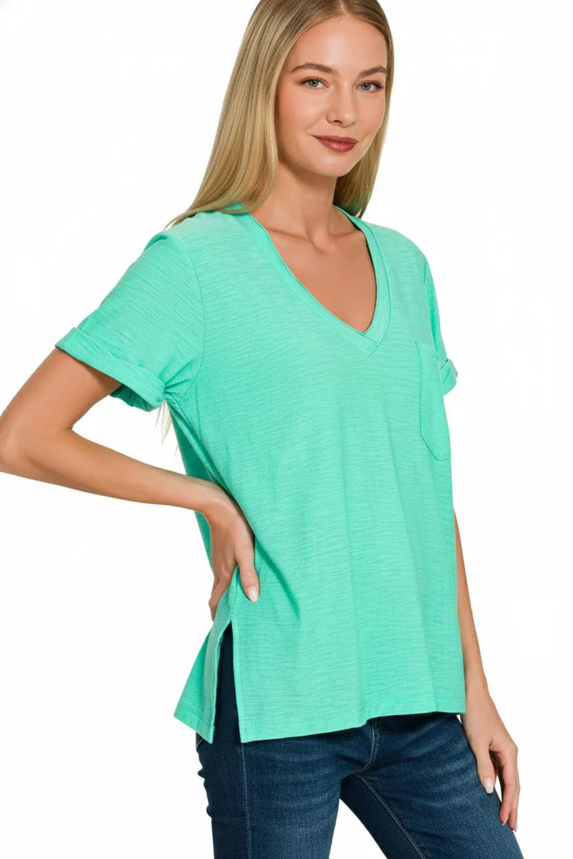 Slub knit rolled-sleeve V-neck pocket tee