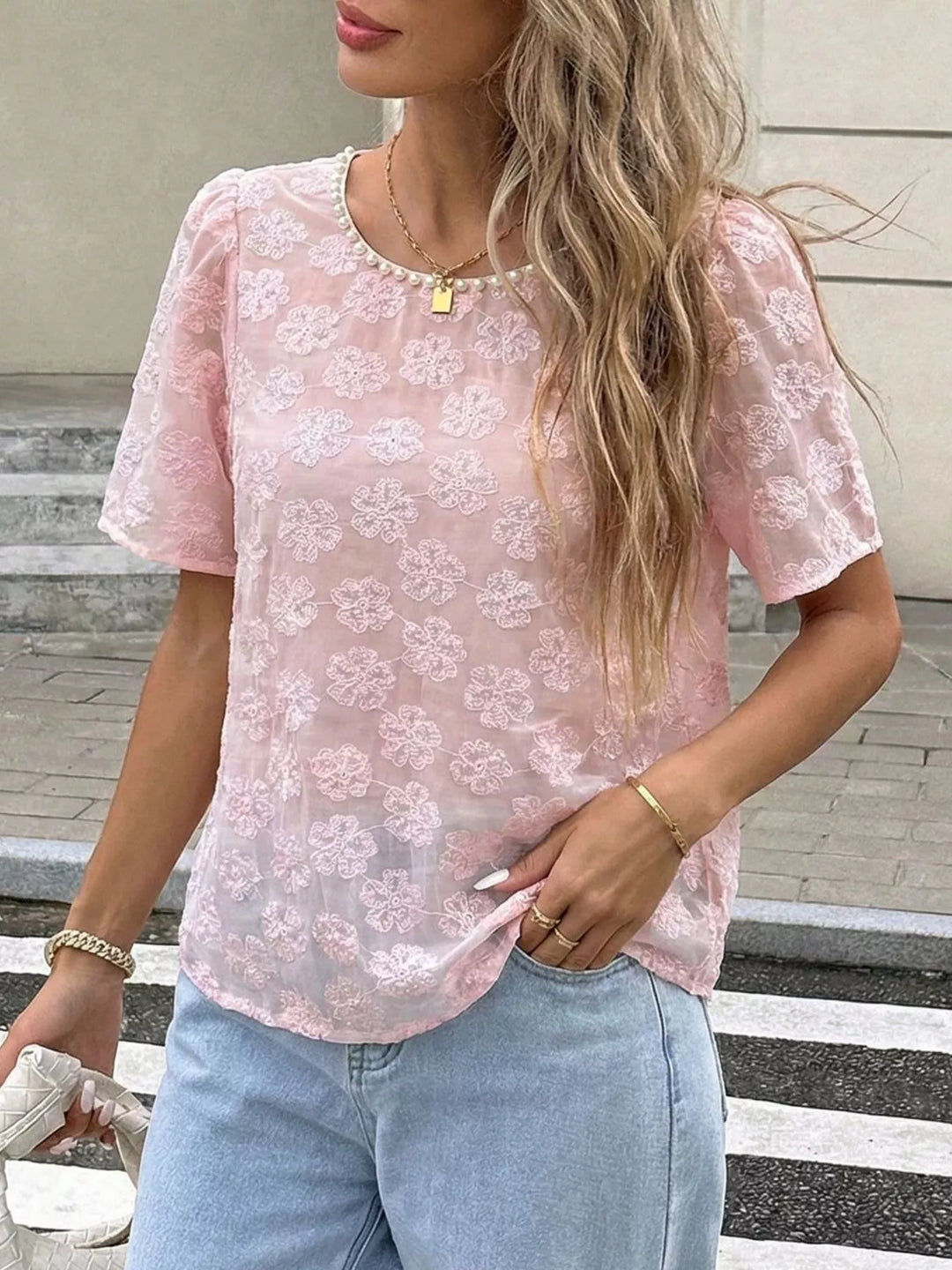 Sheer floral embroidered blouse with pearl-trim neckline