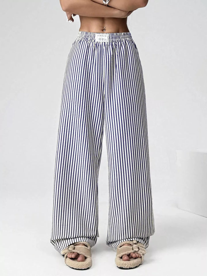 Striped high-waist wide-leg pants with drawstring