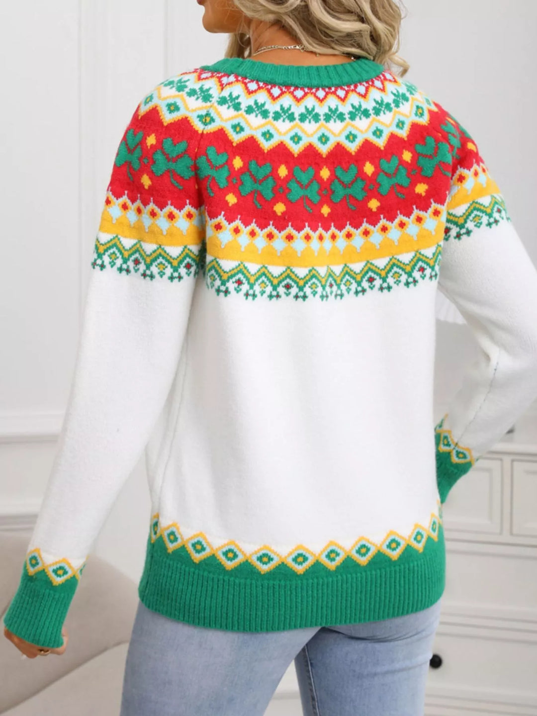 Clover pattern Fair Isle round neck knit sweater