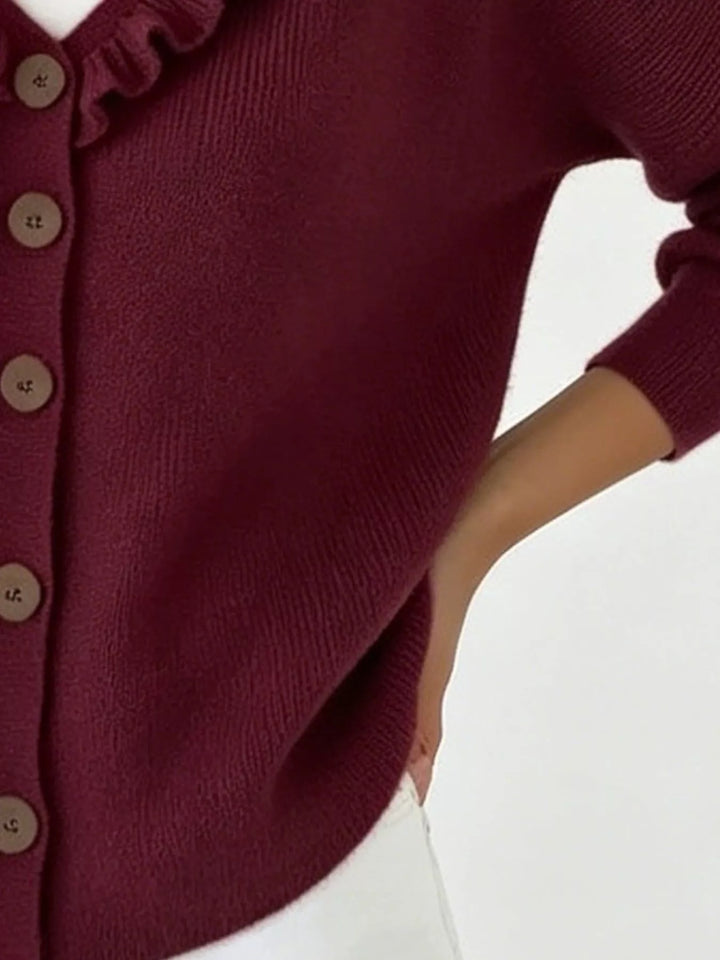 Ruffle-trim V-neck button-front knit cardigan