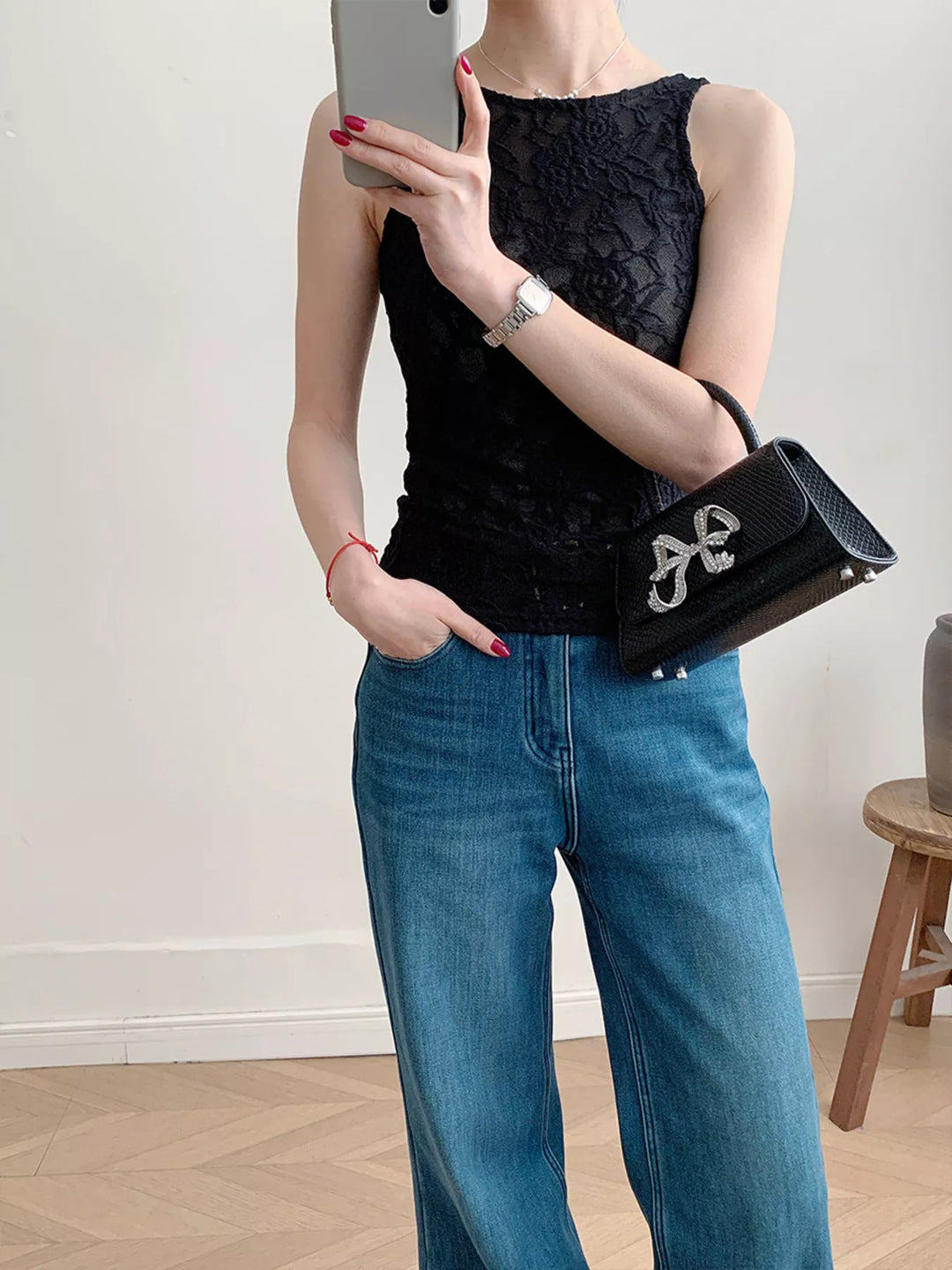 Sheer floral lace round neck long sleeve top