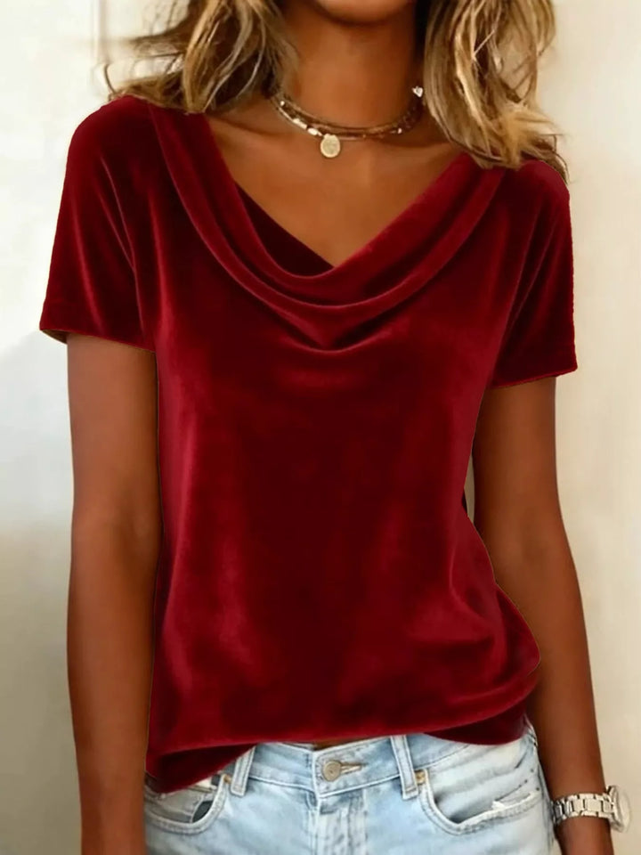 Burgundy Draped cowl neck velvet top with short sleeves