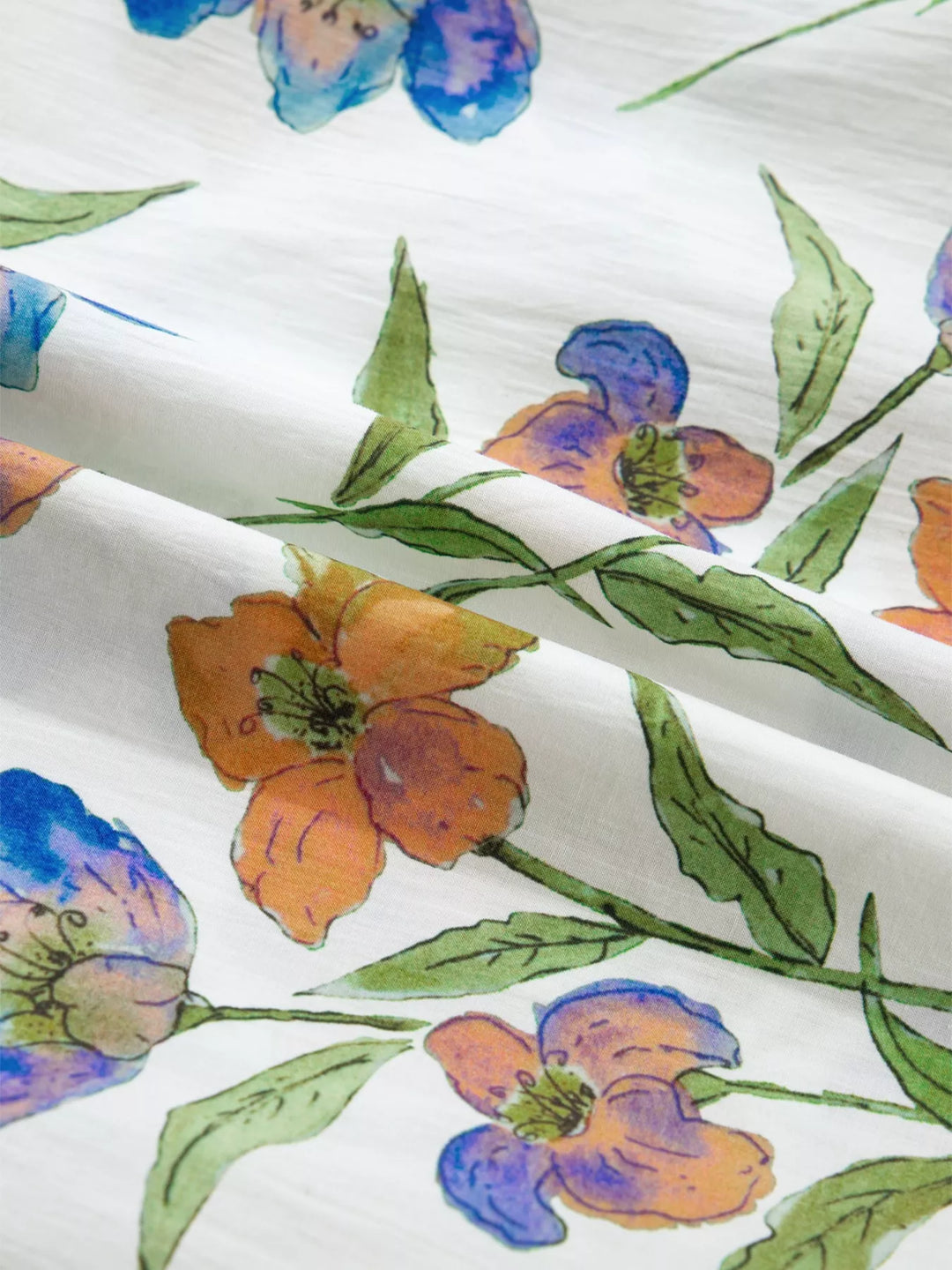 Watercolor floral ruffle-sleeve V-neck cotton blouse