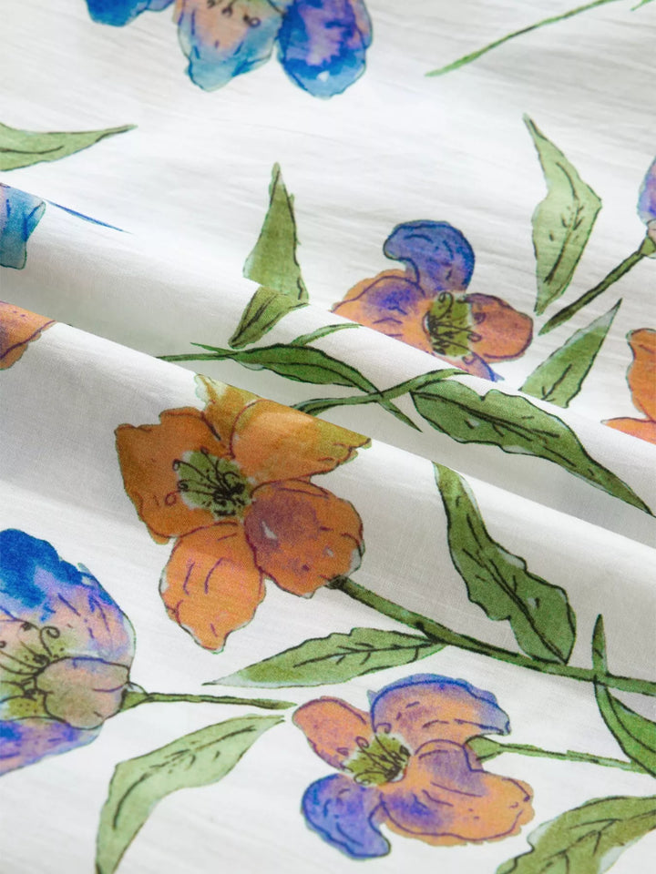 Watercolor floral ruffle-sleeve V-neck cotton blouse