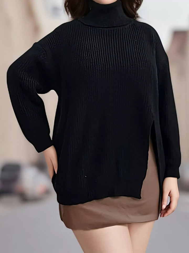 Black Ribbed turtleneck sweater with side slit and drop shoulders