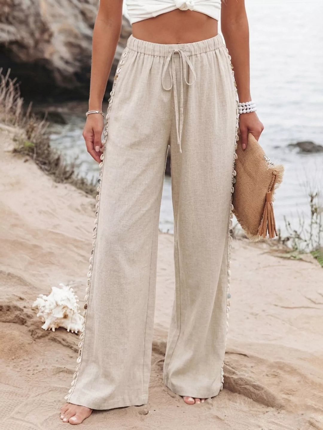 Khaki Linen-blend wide leg drawstring pants with shell trim