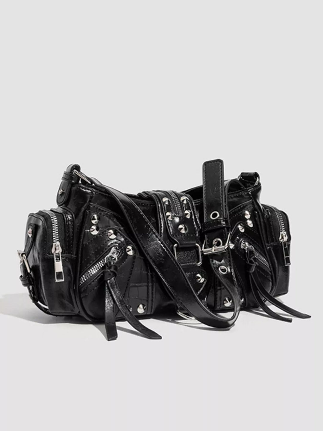 Studded moto shoulder bag with zip cargo pockets