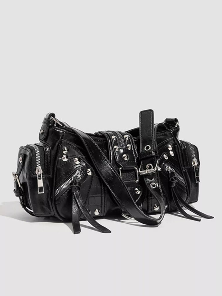 Studded moto shoulder bag with zip cargo pockets