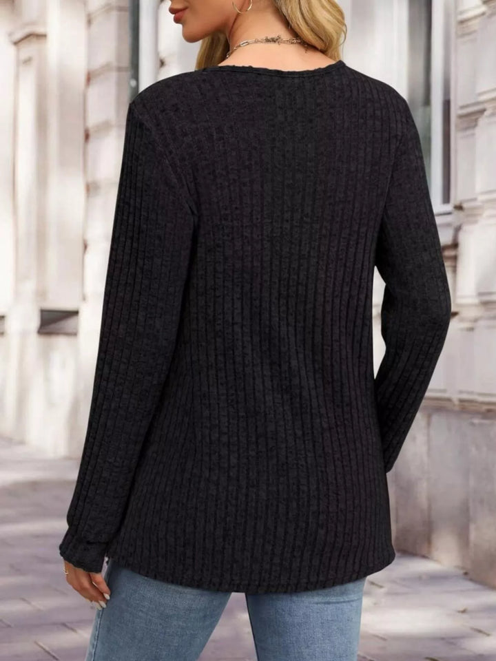 Ribbed knit button henley long sleeve top