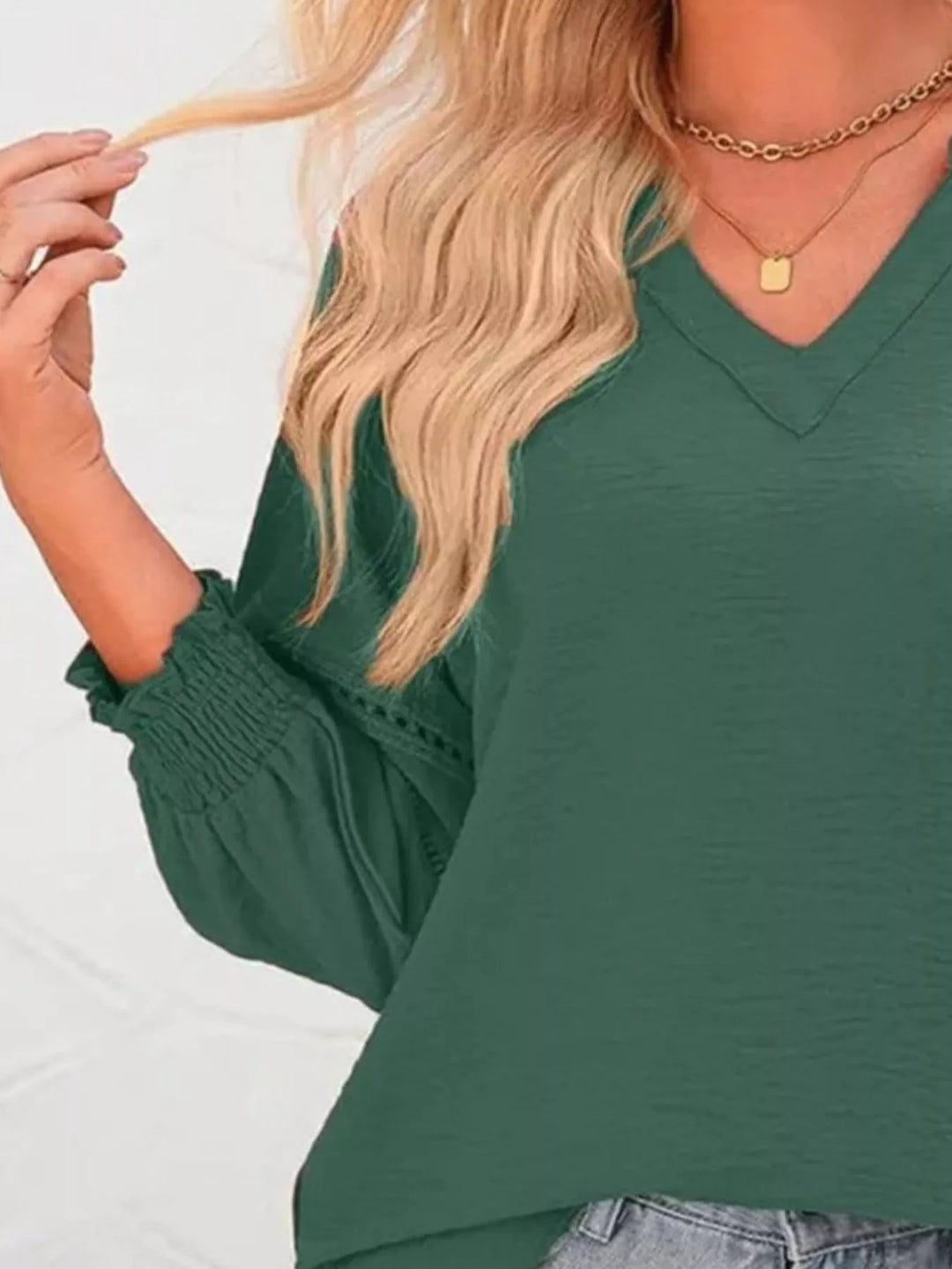 Openwork lace trim blouse with smocked cuffs and split neck