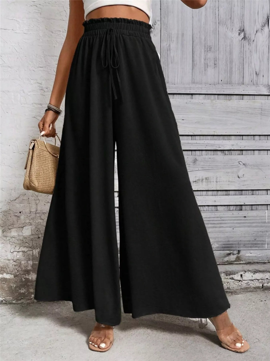 Black High-rise paper bag wide leg drawstring pants